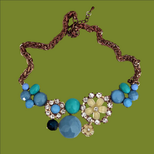 VINTAGE Turquoise, Yellow, Rhinestone and Gold Statement Necklace